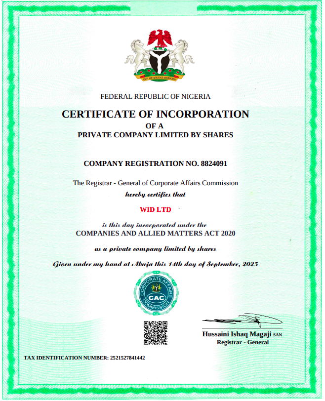 CAC Certificate of Incorporation — WID LTD